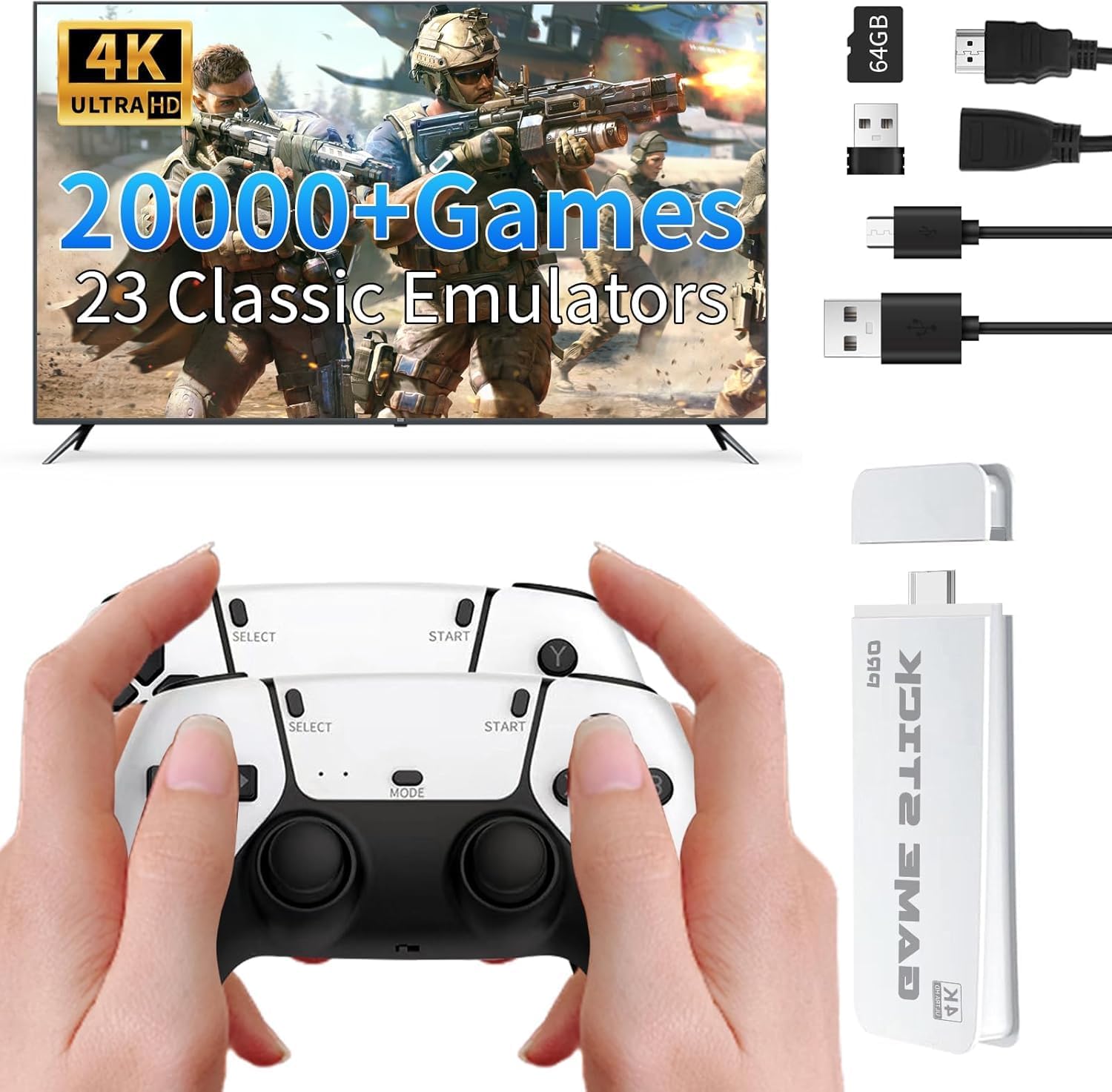 ScriMemo Wireless Retro Game Stick Console, Video Gaming Console, Revisit 20000+ Classic retro play Plug and Play Gaming Stick for TV, Dual 2.4G Wireless Controllers, Gift for Kids Adults (G11)