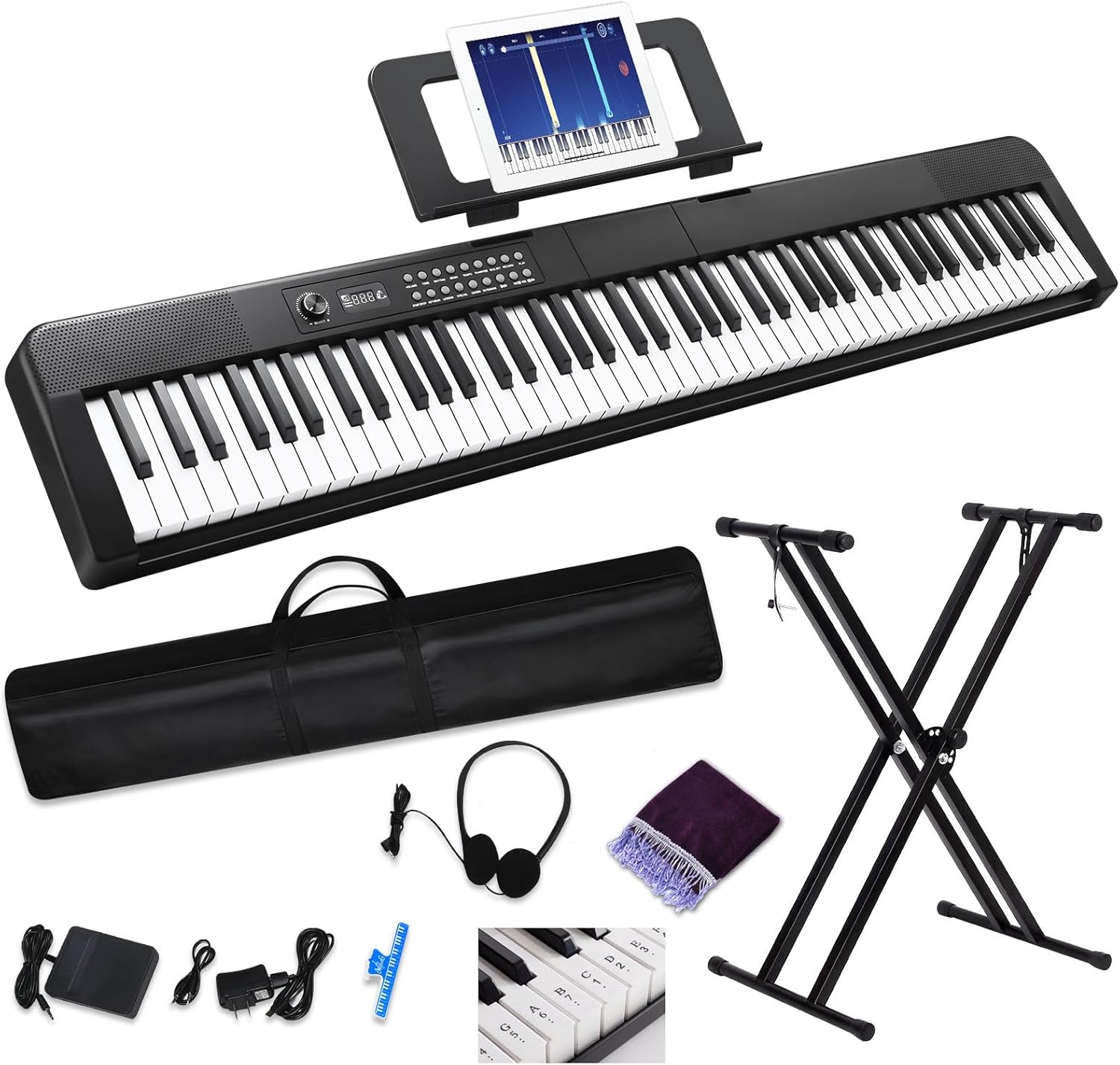 88 Key Digital Piano, Semi Weighted Electronic Keyboard Piano with Music Stand, Power Supply, Sustain Pedal, Bluetooth, Carrying Case, Headphones, USB-MIDI Compatibility, for Beginner Professional