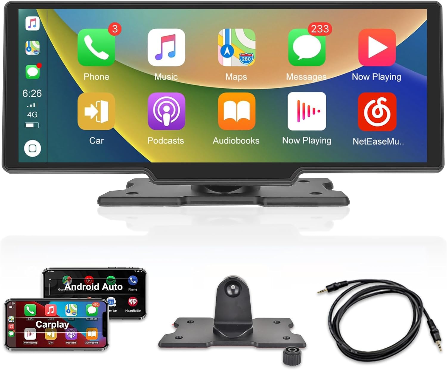 Portable Wireless Carplay Screen Stereo 10.3 inch HD Car Buddy Touchscreen Radio, Apple Car Play & Android Auto FM Transmission Bluetooth for 7V-32V Vehicles