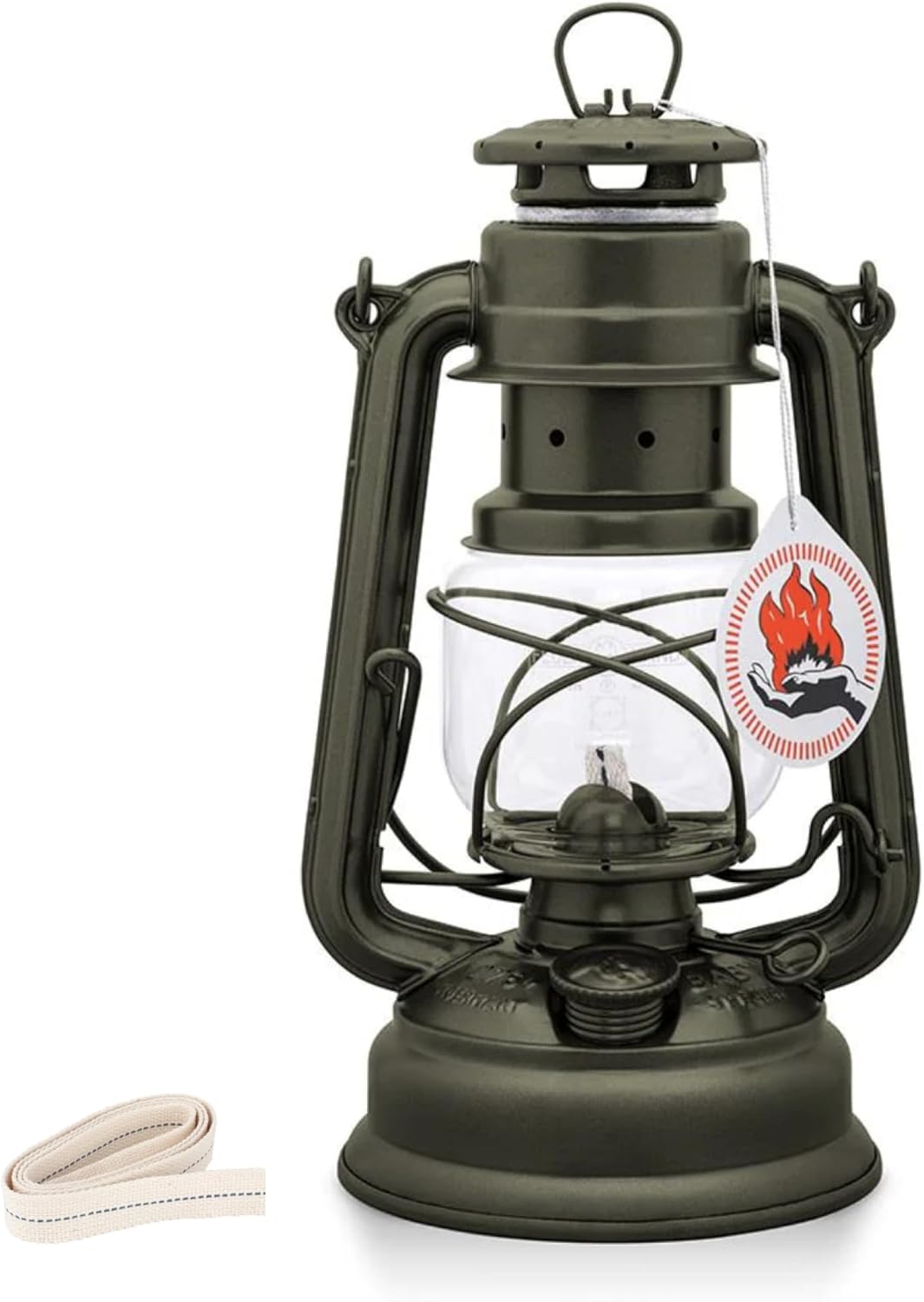 Feuerhand 276 Outdoor Hurricane Oil Lantern - German-Made Since 1893, Paraffin Lamp with Galvanized Steel, 300ml Tank, 20 Hour Burn Time, Safe for Hanging or Table Use, Kerosene Camping Light, Olive