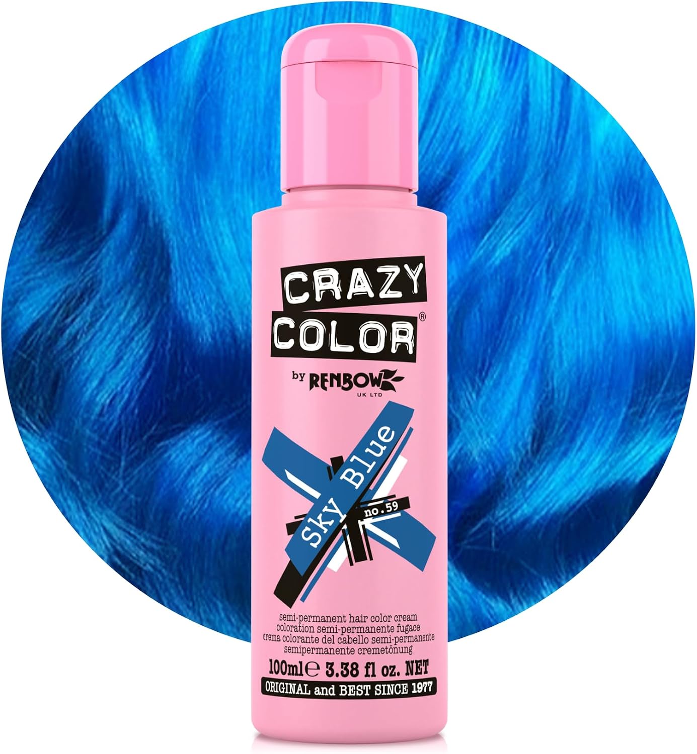Crazy Color Vibrant Sky Blue Semi-Permanent Hair Dye. Highly Pigmented Cobalt Blue Conditioning & Oil Nourishing Vegan Formula | No Bleach or Ammonia | 100ml