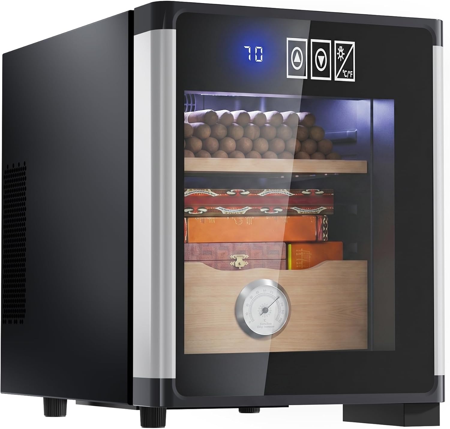 KingChii 8L Electric Cigar Humidor with New Shape Design, Digital Temperature Control Cabinet, Spanish Cedar Shelves & Hygrometer - 80 Capacity (2 Layers)