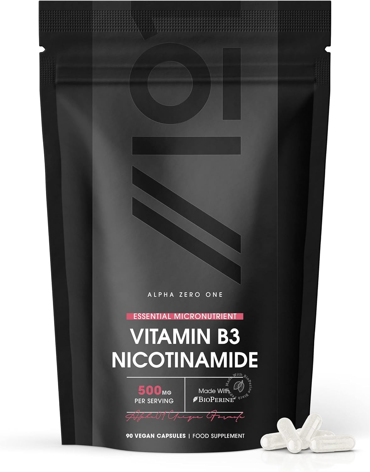 Vitamin B3 Nicotinamide (Niacinamide) 500mg - 90 Capsules (V) - No-Flush Niacinamide - Resealable and Recyclable Pouch - 3 Months Supply - by Alpha01