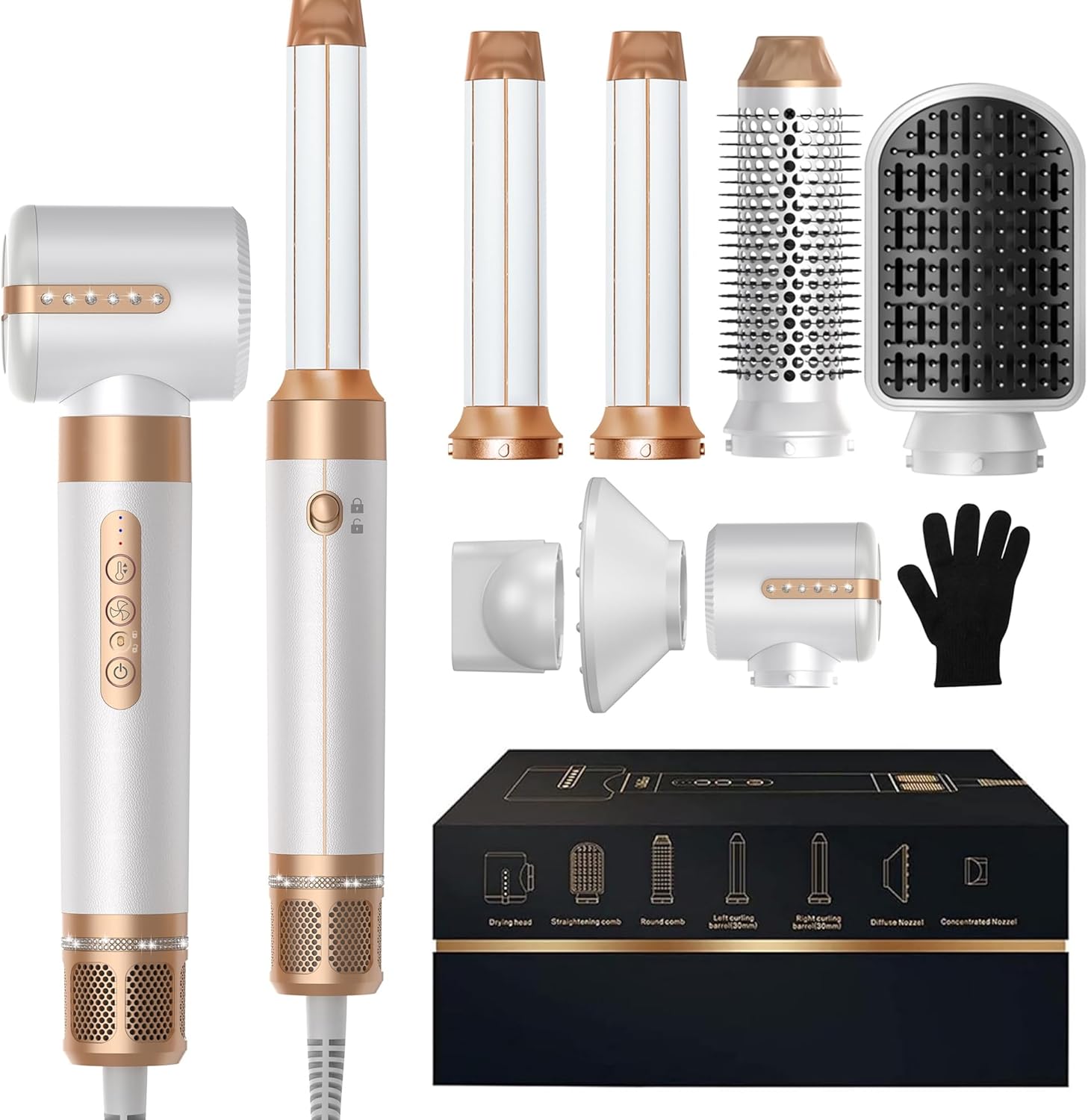 Blow Dryer Brush 7inONE,110000RPM High-Speed Negative Ionic Hair Dryer with Diffuser Concentrator,Curling Iron Hair Straightener (White)