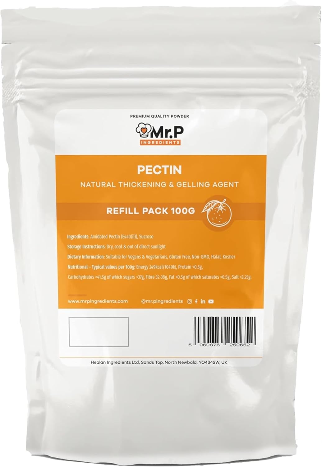 Mr.P Ingredients Pectin 100g NH Powder Ideal for Jams Marmalades Chutney Fruit Jellies Fruit Compote Gelling Agent Vegan Vegetarian Halal Kosher Gluten Free Resealable Pouche