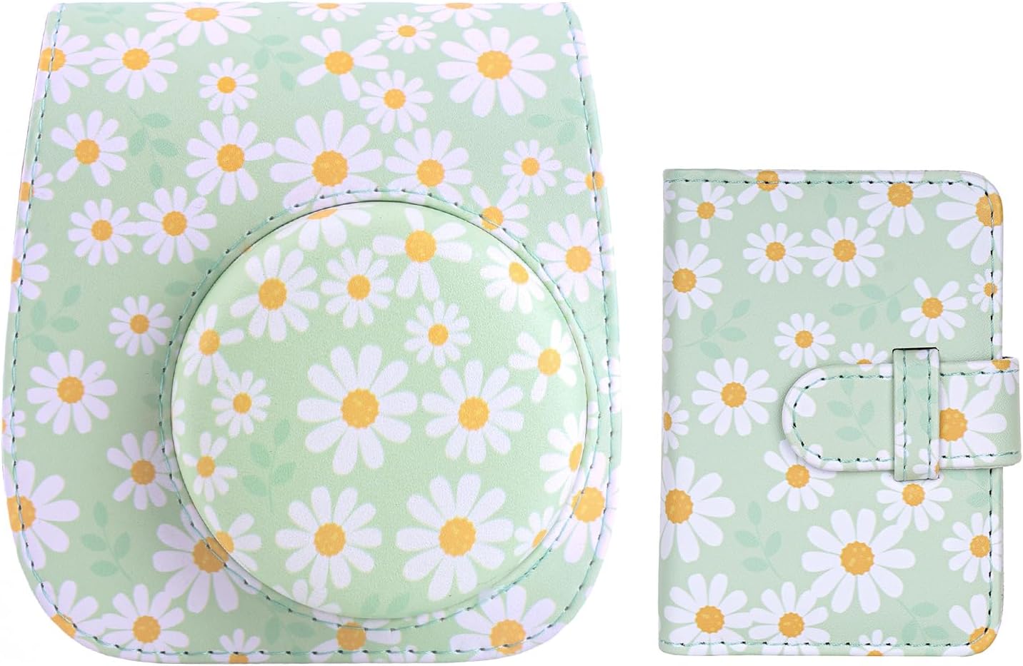 Camera Case Compatible with Fujifilm Instax Mini 12 11 9 8 Instant Camera, PU Leather Protective Bag with Adjustable Shoulder Strap and Photo Album (Green Daisy)