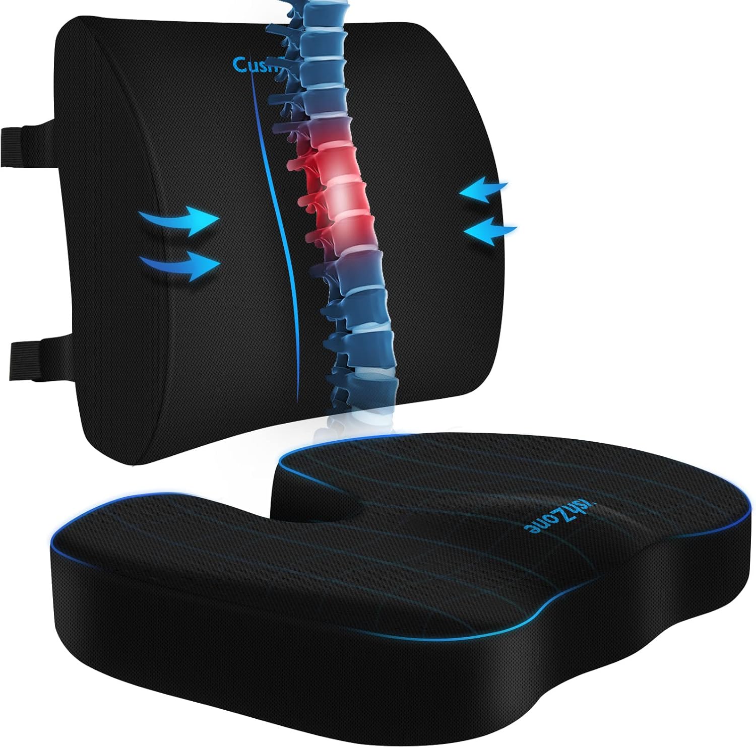 Seat Cushion, Lumbar Support Pillow with Adjustable Strap-Chair Cushions for Sciatica Pain Relief-with Washable Cover Memory Foam for Car, Travel and Wheelchair-Black