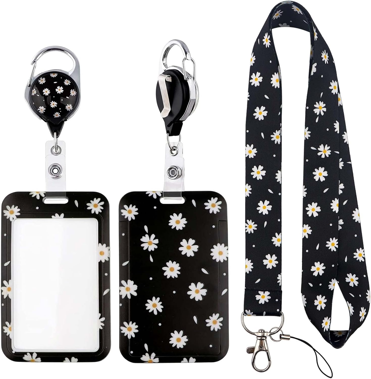 Daisy Retractable Lanyard Card Holder Set with Stylish Design - Durable, Reusable Badge Holder with Neck Strap for ID Cards, Access Cards, Work Badges (3 in 1)