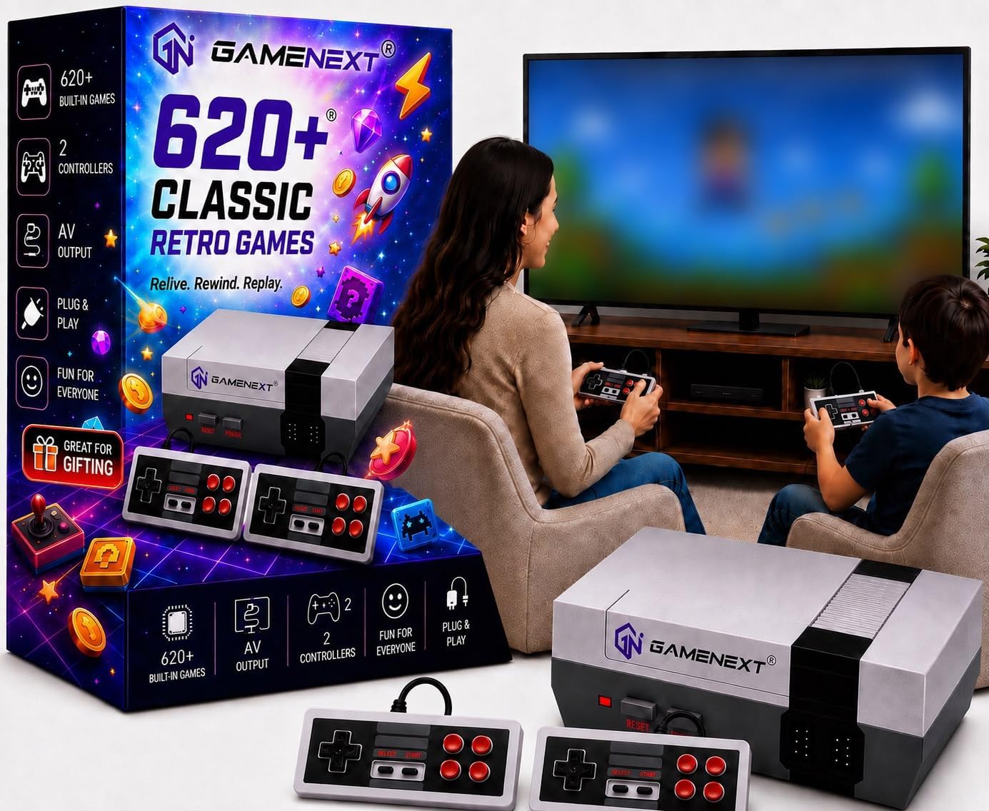 GameNext Retro Game Console with 620 Built-in Games, Classic Video Game Console with 2 Wired Controllers, Plug and Play Retro Gaming System with AV Output for TV