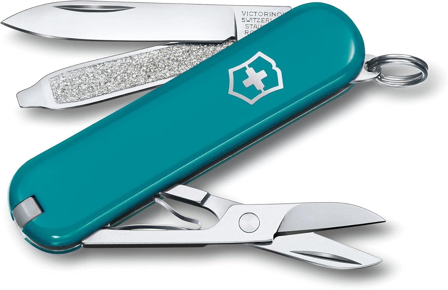 Victorinox Classic SD Mini Swiss Army Knife, Camping Pocket Knives, 7 Functions, Blade, Keyring, Petrol