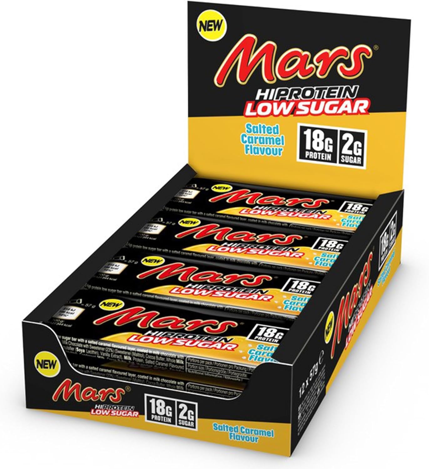 Mars - Salted Caramel Low Sugar Chocolate Hi Protein Bars | 12 x 57g Pack, Only 2g of Sugar per bar, High Protein Energy Snack, 18g Protein