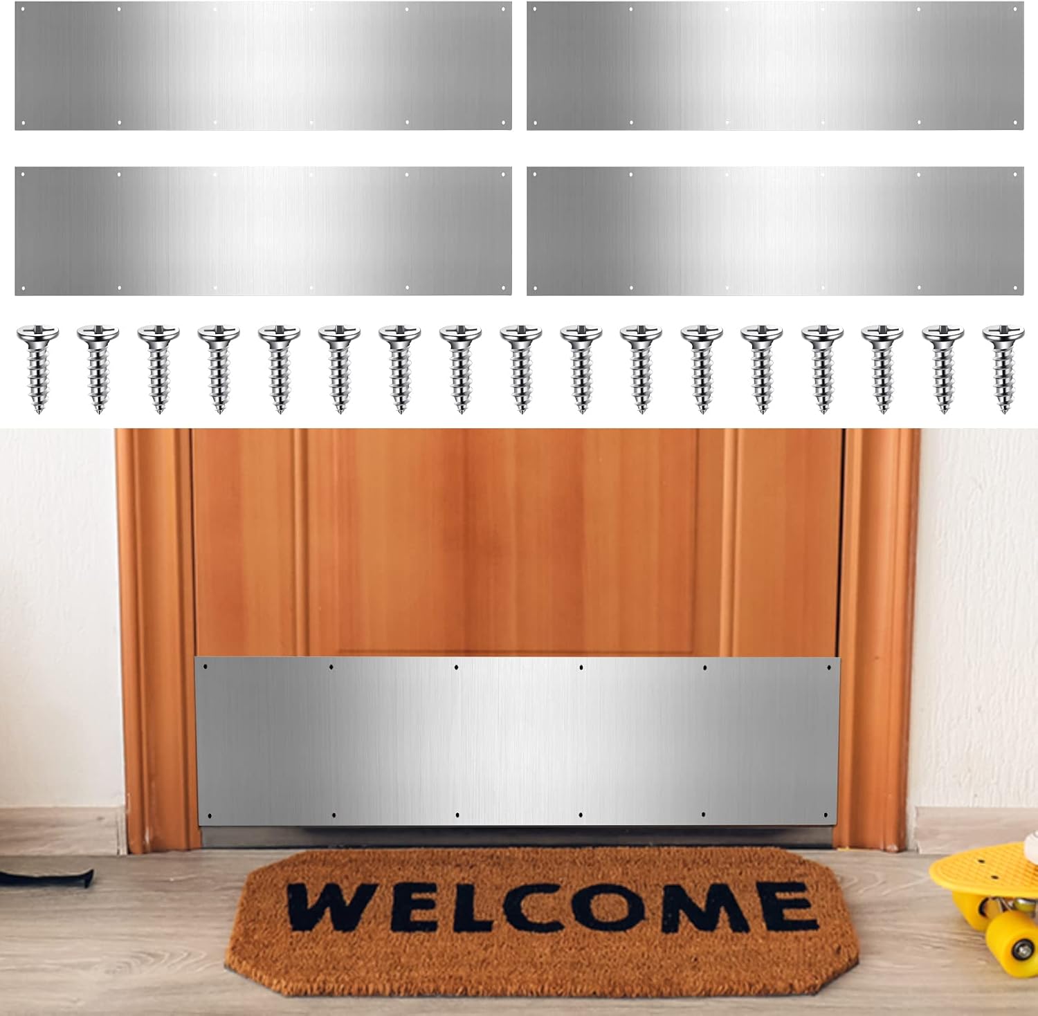 Therwen Door Kick Plate, Satin Aluminum Kick Plates with Screws for Wood Metal Interior/Exterior Anti Scratch Door Protection(8 x 36 Inches)