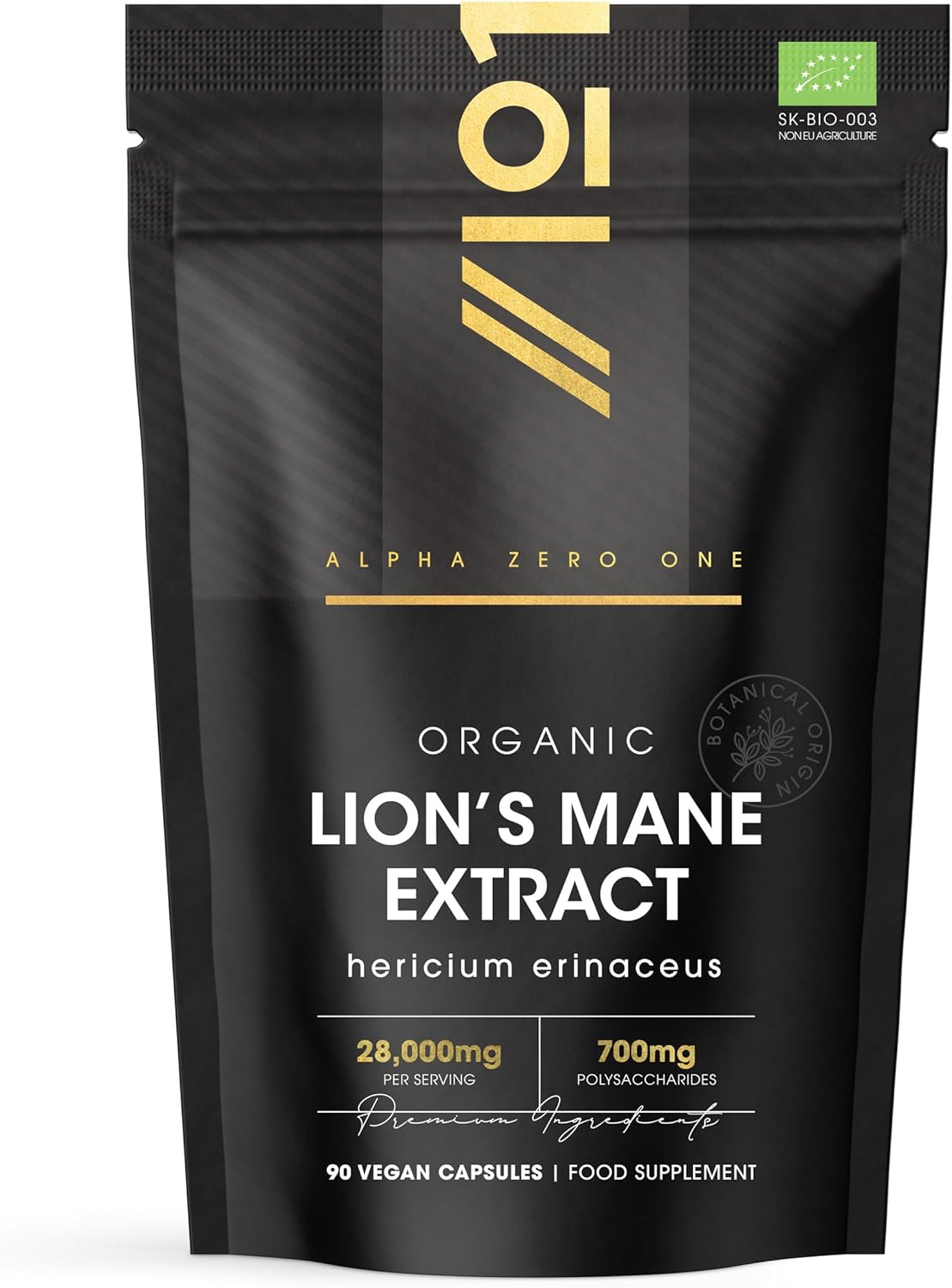 Organic Lions Mane Supplement 28,000mg – 50% Polysaccharides (700mg) – 90 Vegan Capsules – High Strength Mushroom Supplement – Resealable and Recyclable Pouch – by Alpha01