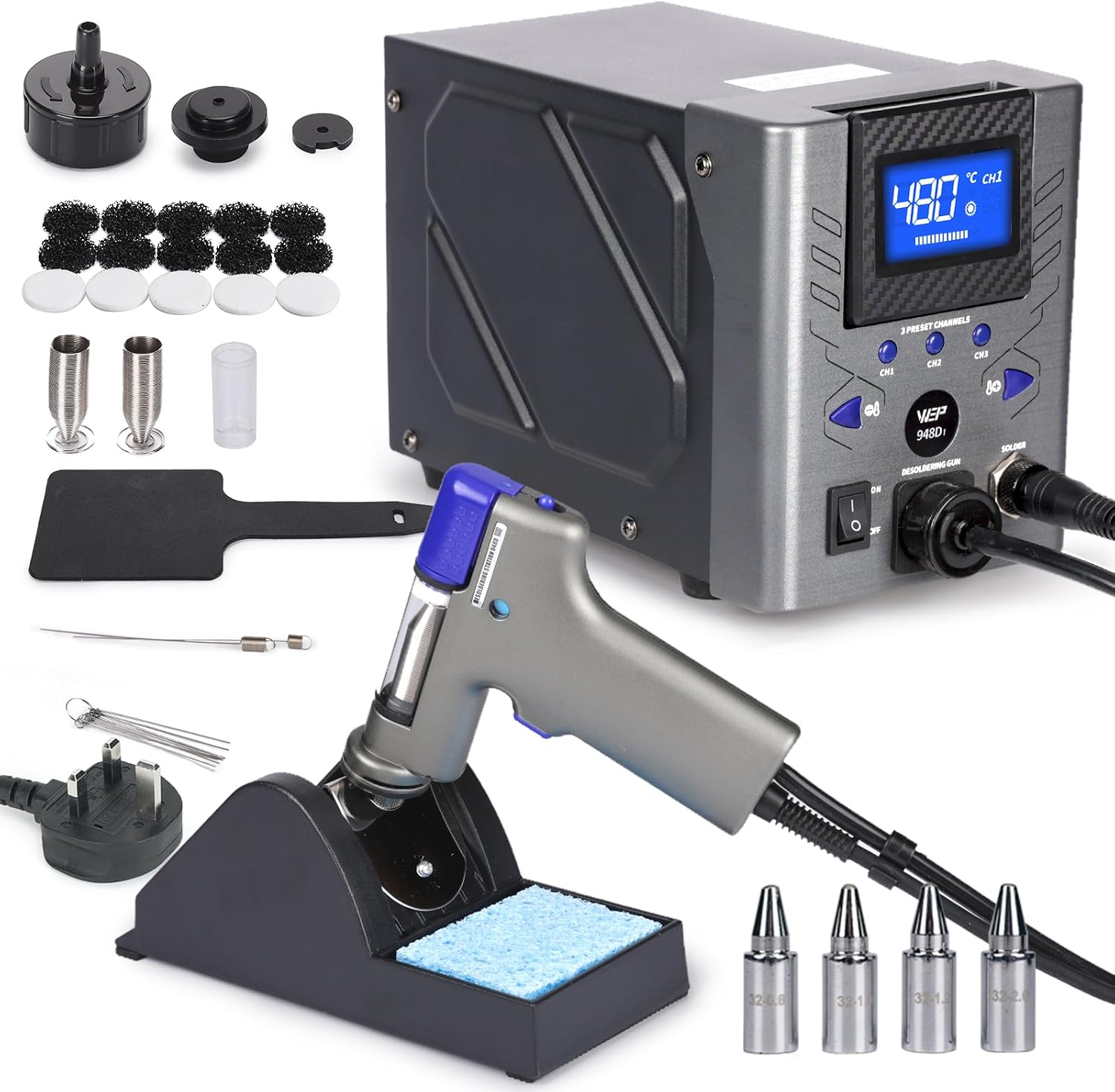 WEP 948D-I 110W High Power Desoldering Station with Desoldering Gun, 4 Desoldering Nozzles, Temperature-Controlled with 3 Pre-Set Channels, Tiltable Display, ESD-Safe(UK)