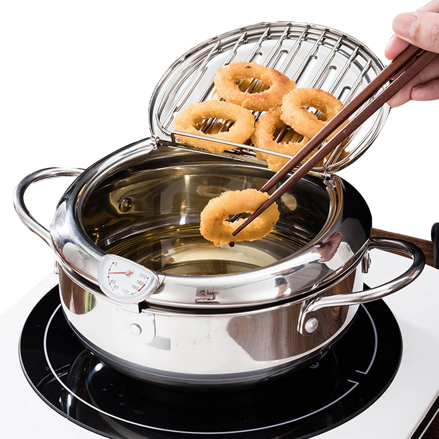 Achievementk - Stainless Steel Frying Pot, 304 Stainless Steel Deep Frying Pan with Lid, Temperature Control & Oil Drip Filter Rack, Japanese Tempura Deep Fryer Pot for Kitchen Stove/Induction Cooker