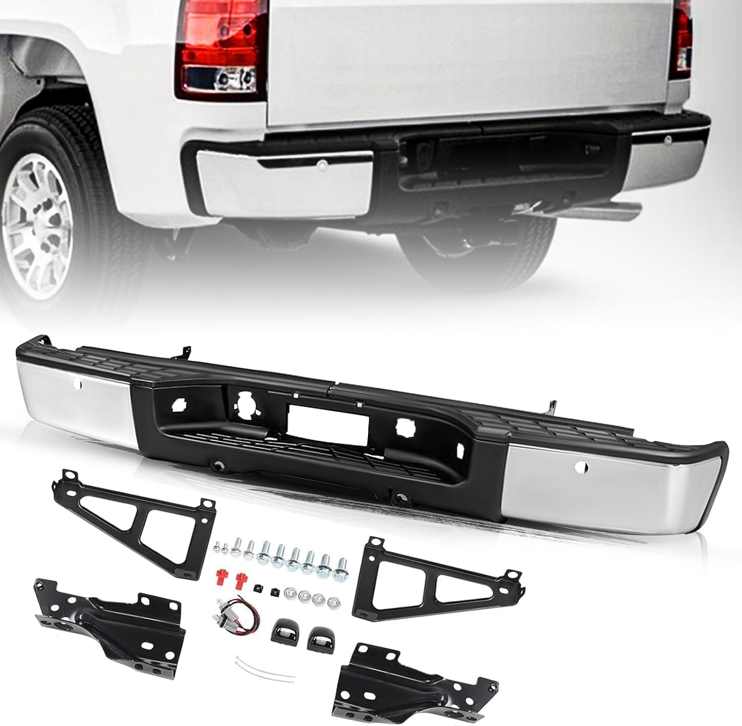 Aosky Chrome Rear Bumper Assembly for 2007-2013 Chevy Chevrolet Silverado 1500 & GMC Sierra 1500 WITH Park Assist Rear Sensor Holes Back Bumper GM1103148