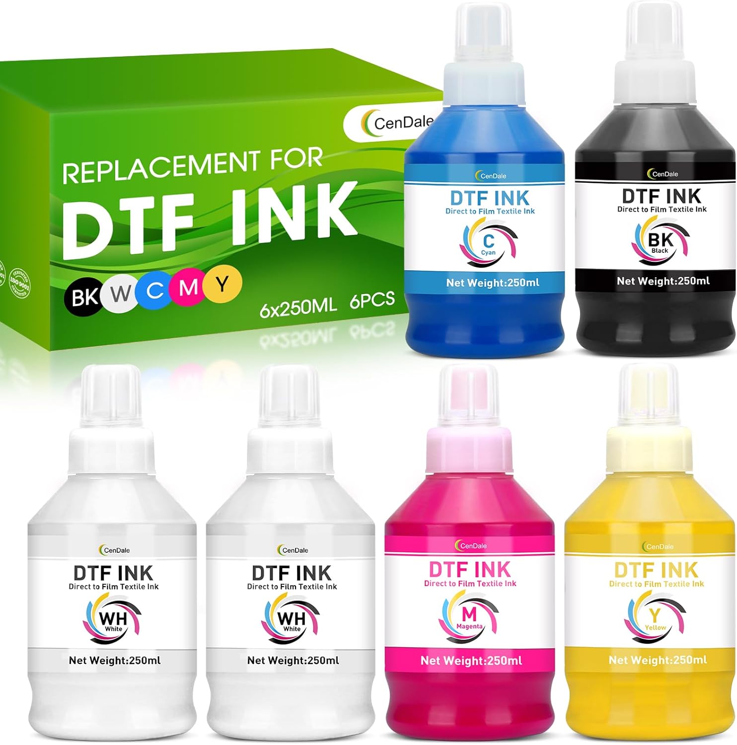 CenDale Upgraded Auto Fill DTF Ink - 1500ML DTF Transfer Ink for DTF Film, Refill Ink for Epson ET-8550 ET-8500 Printers, Heat Transfer Printing Ink Set 250ml x 6 Wh, CMYK (Anti-UV/ICC-Free)