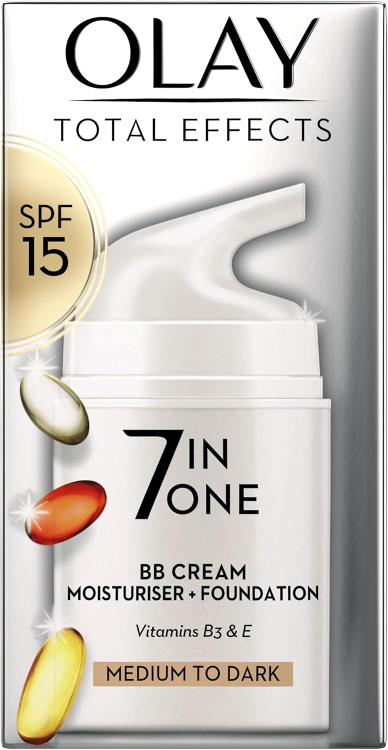 Olay Total Effects SPF15 BB Day Face Cream, Medium to Dark 7-in-1 Skin Care Moisturiser Foundation with Vitamin C & Niacinamide Hydration, Glow and Anti-Wrinkle, Nourishes and Protects in 1 Step, 50ml