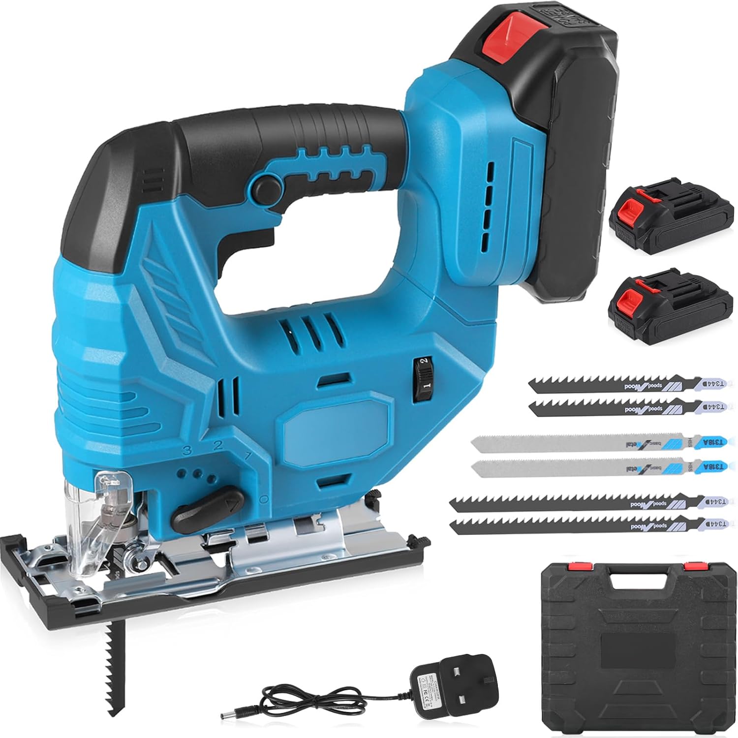 21V Cordless Jigsaw Brushless Motor 800W with 4 Orbital Setting, 3200SPM, 2 Battery, 6 Variable Speed, ±45° Bevel Cutting Angle, 6Pcs Blades, Electric Jigsaw with Fast Charger & Carry Case Included