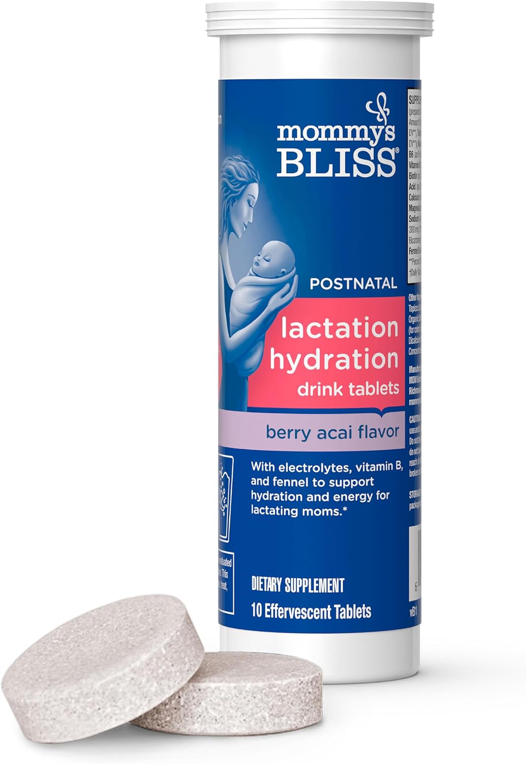 Mommy's Bliss Lactation Hydration Drink Tablets, Berry Acai Flavor, Electrolyes + B Vitamins, 1 Pack (10 Tablets)