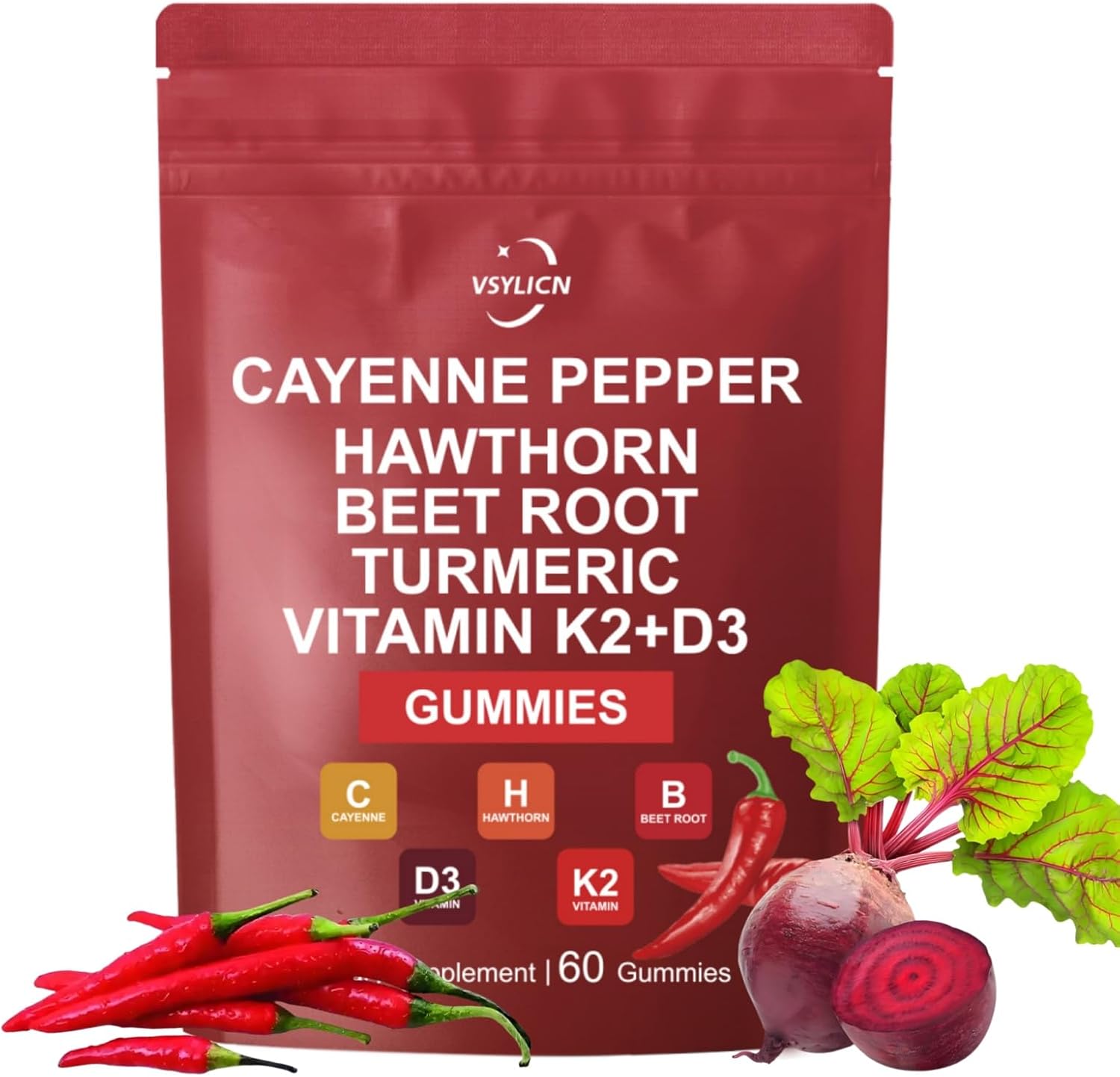 1000 MG Cayenne Pepper Gummies | 60 Gummies | 100% Natural | Cayenne Pepper Supplement | Vegan Non-GMO Zero Additives | Hawthorn Beet Root Turmeric Vitamin K2 D3-1 Month Supply