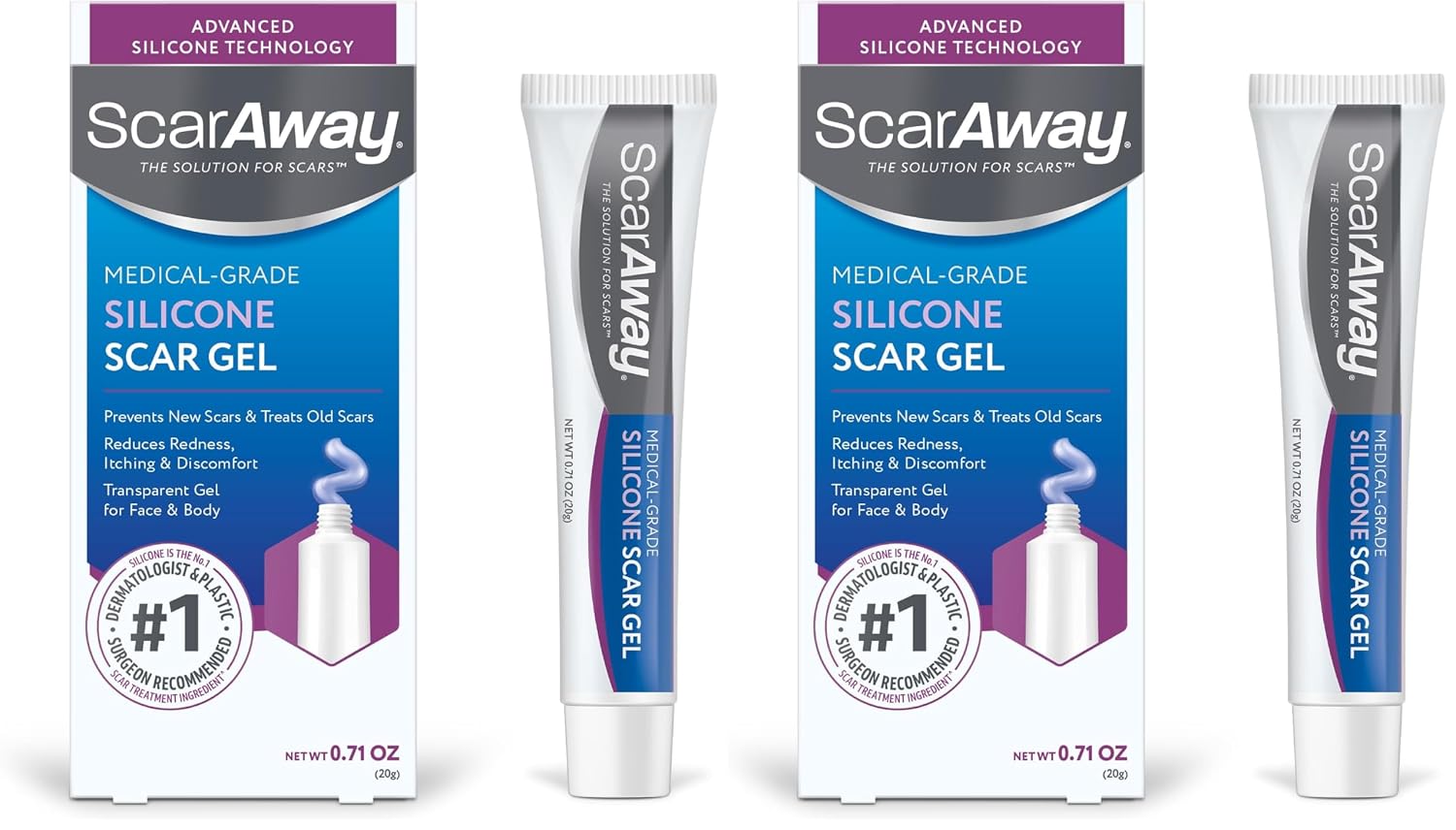 ScarAway Silicone Scar Gel, Helps Improve Size, Color & Texture of Hypertrophic & Keloid Scars from Injury, Burns & Surgery, Water Resistant, 20g (0.7 Oz) (Pack of 2)