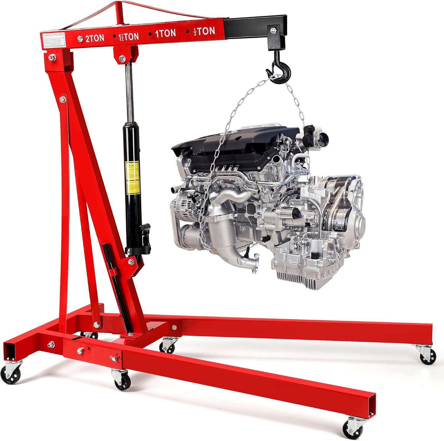 Engine Hoist, 2 Ton (4000lbs) Heavy Duty Folding Hydraulic Engine Crane Hoist Cherry Picker Shop Crane Hoist Lift for Ports, Warehouses, Garage, Factory, 360 Degree Swivel Wheels