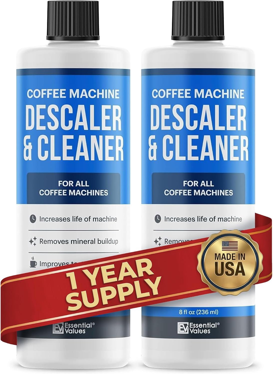 Essential Values Descaler, Universal Descaling Solution, Made in the USA for Delonghi, Keurig, Breville, Nespresso (4 Uses) Coffee Machine Cleaner for all Automatic Coffee Makers & Espresso Machines