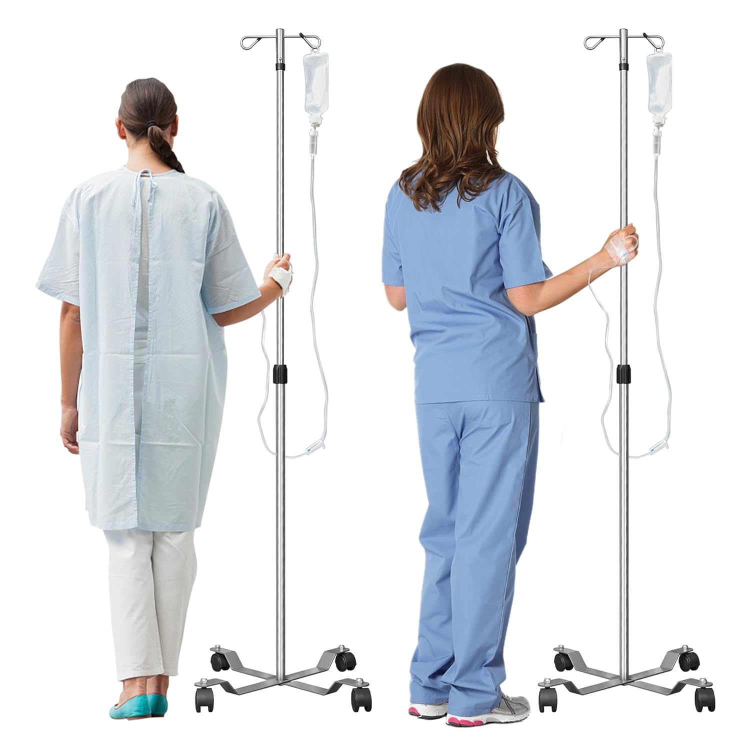 IV Pole with Wheels Medical Portable IV Stand Pole with 2 Hook & 4 Caster, IV Bag Stand with Removable IV Bag Holder, 47" to 85" Adjustable Height Pole, Steel Base