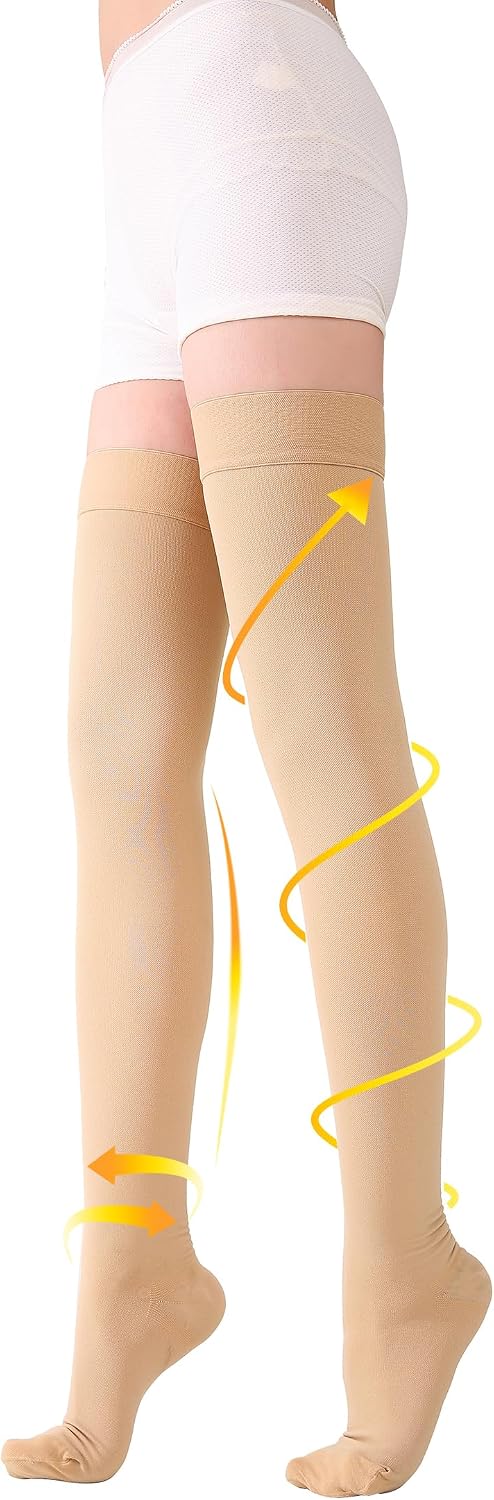 TOFLY® Thigh High Compression Socks for Women & Men, Closed Toe 15-20mmHg Graduated Medical Compression Stockings with Silicone Band, Opaque Support Stockings for Varicose Veins, Edema, DVT,Beige M