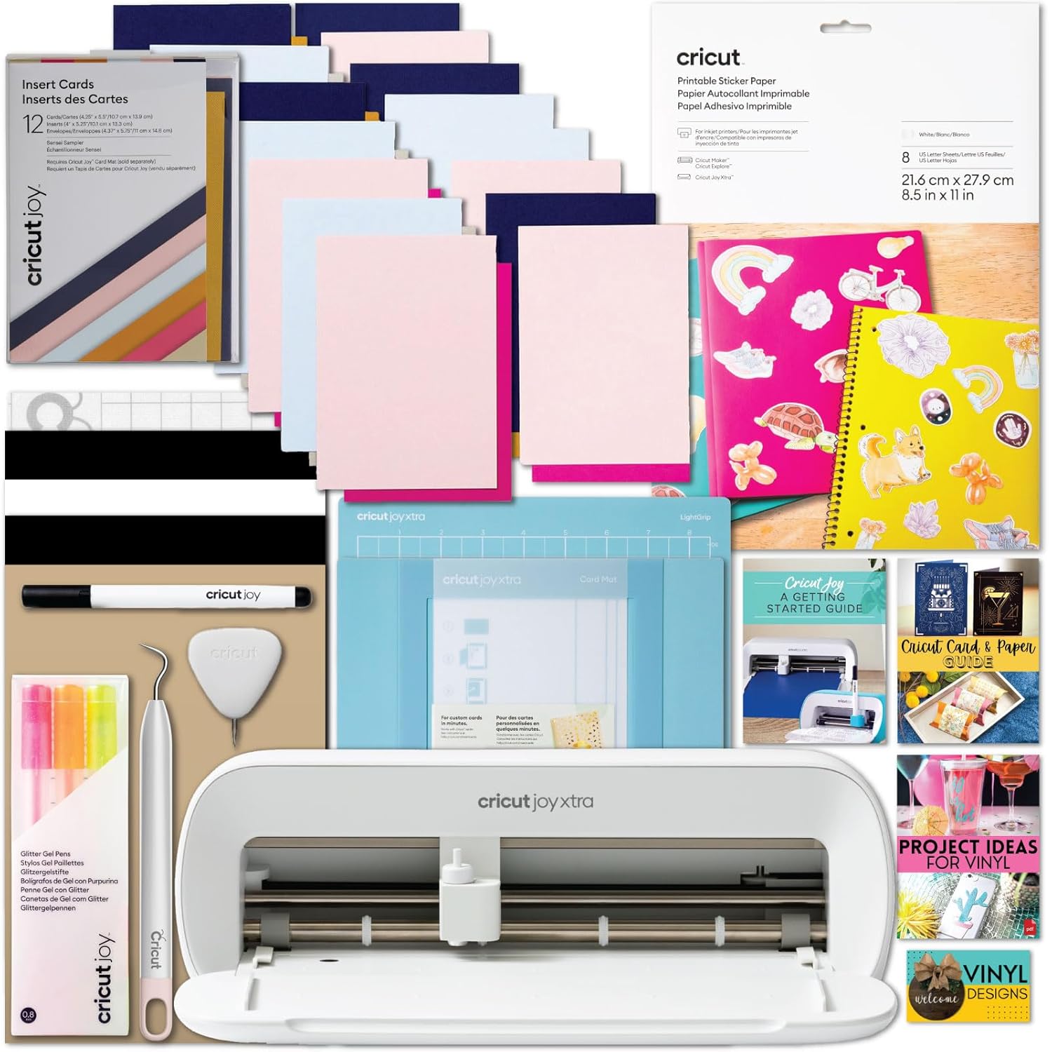 Cricut Joy Xtra Machine with Printable Sticker Paper and Card Kit Bundle - Sticker Making Set with Cutting Machine, DIY Greeting Cards with Pens and Envelopes, Craft Cutting Mats, Tools and Materials