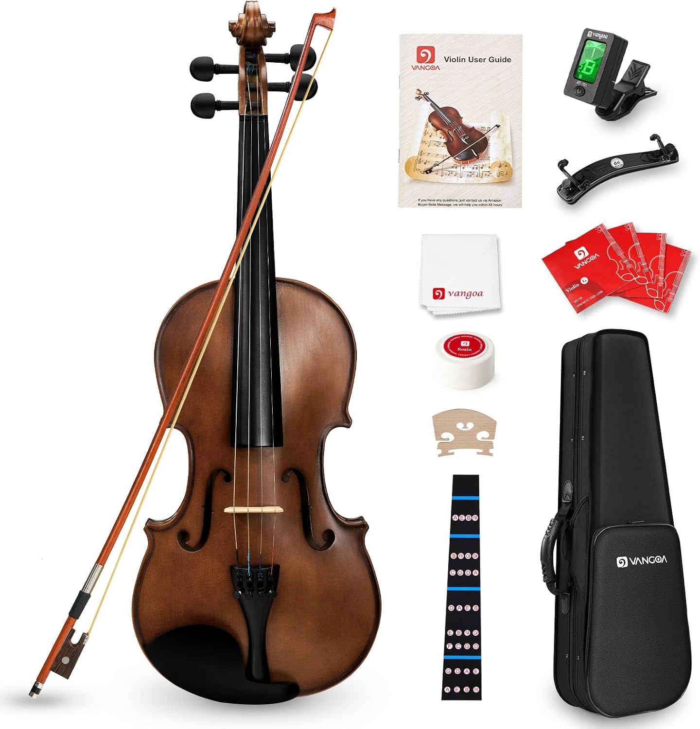 Vangoa 4/4 Solid Wood Acoustic Violin Full Size Fiddle Set for Beginner Adult Student Teen Kids with Violin Case, Bow, Rosin, Shoulder Rest, Tuner, Strings, Natural