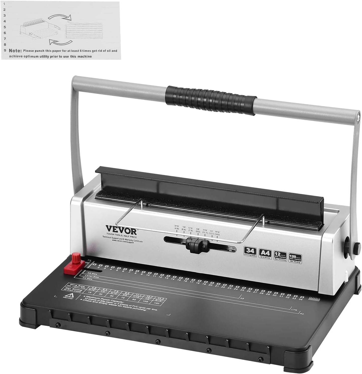 VEVOR Coil piral Binding Machine, Manual Book Maker 34-Holes Binding 120 Sheets, Punch Binder with Adjustable Side Margin, for Letter Siz- 9/16" Ce, A4, A5