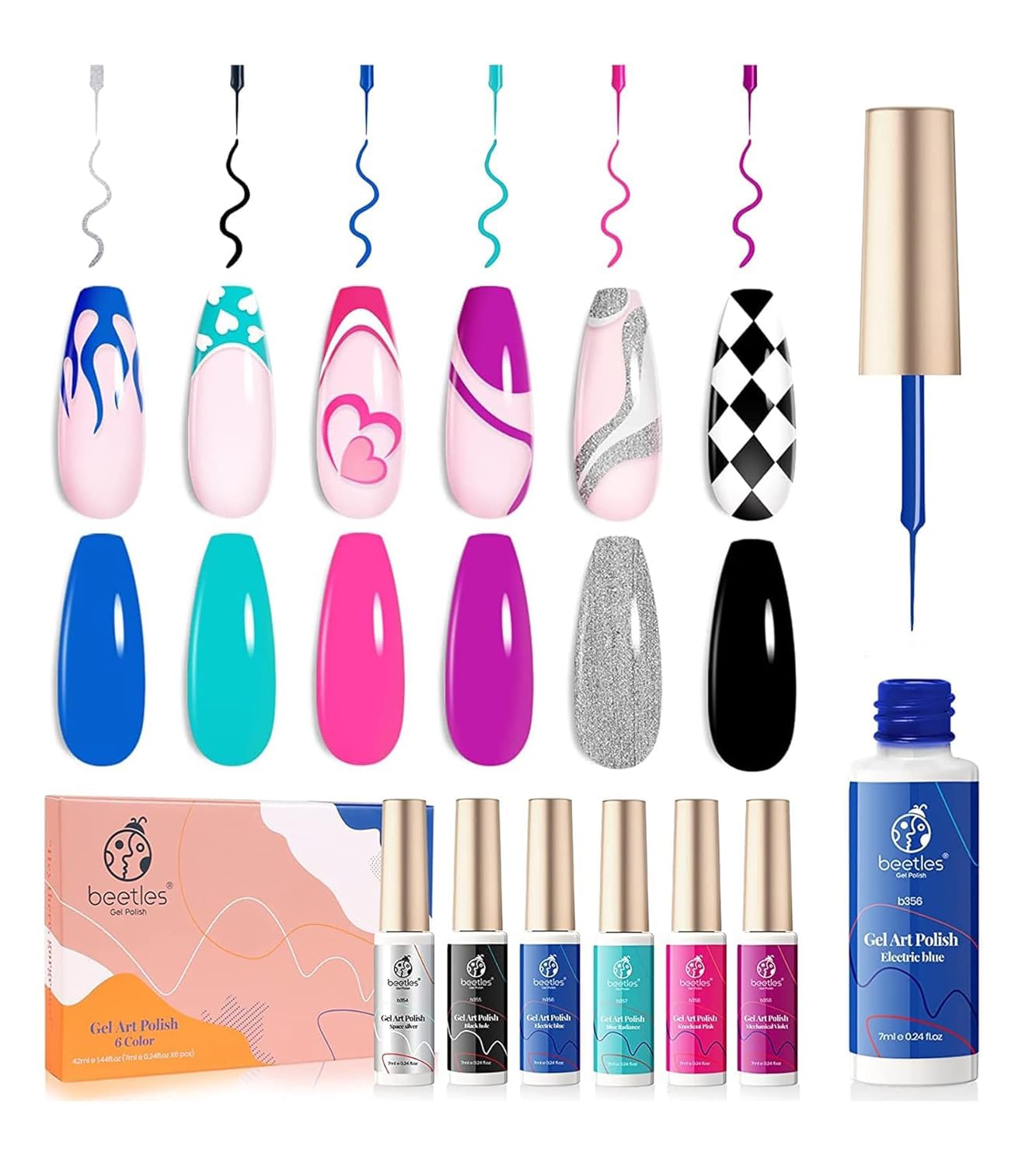 Beetles Gel Liner Nail Polish, 6 Colors Nail Art Paint for Swirl Nails Neon Blue Hot Pink Sliver Glitter Gel Polish Cyberpunk's Futurism Built Thin Nails Art Pens Brush