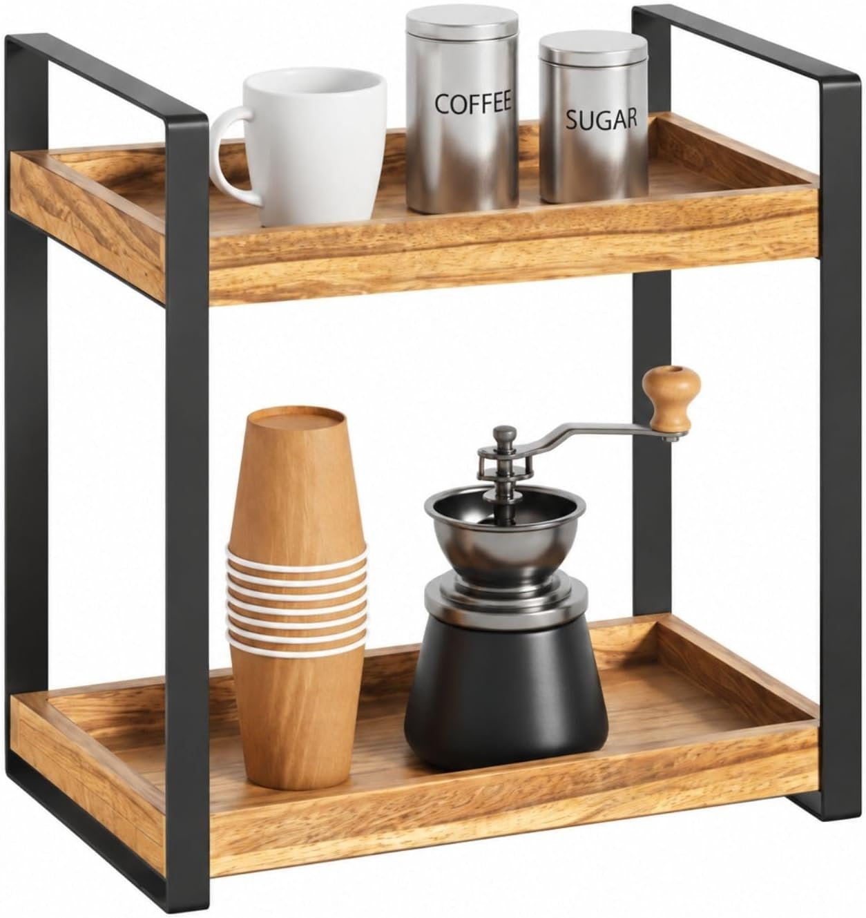 Gzsekken 2 Tier Coffee Bar Accessories Organiser, Wooden Kitchen Counter Shelf, Standing Coffee Station and Organiser