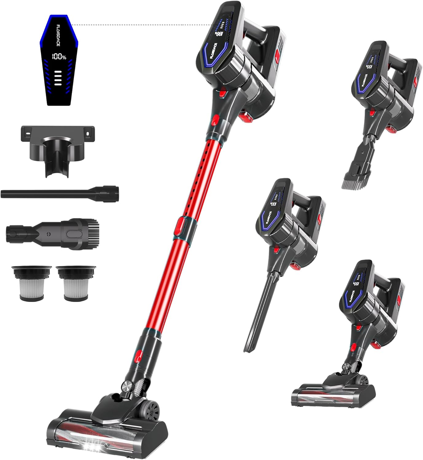 Floisdace Cordless Vacuum Cleaner, 450W/45Kpa, Lightweight Stick Vacuum Cleaners for Home, Self-Standing Stick Vacuum with Detachable Battery, for Home Floor Carpet Pet Hair, Red