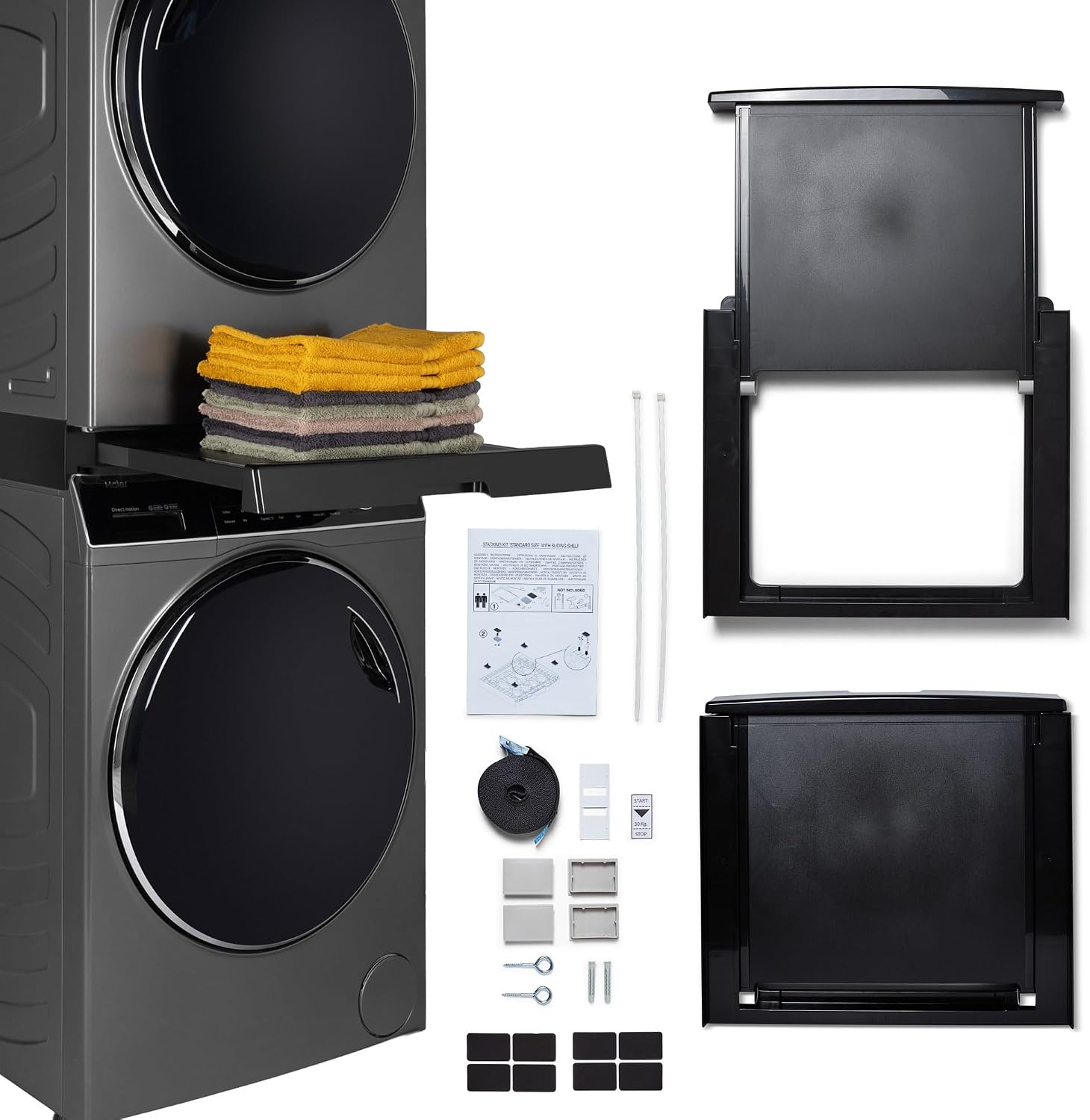 Haier Black Stacking Kit for Washing Machine and Tumble Dryer with Sliding Shelf, with Robust Ratchet Strap & Wall Anchors, Perfect for Series 3, 5, and 7, Universal for Washers with Depth 47-62cm