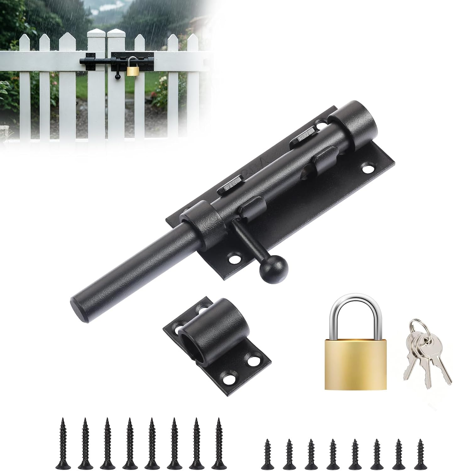 Slide Gate Latch Bolt 6"(160mm), Door Lock Bolt with Padlock & Screws | 304 Stainless Steel, 14mm Dia Bar, Weatherproof Gate Latch for Wooden Gates, Garden, Fence, Shed, Barn Doors, Garage, Bedroom