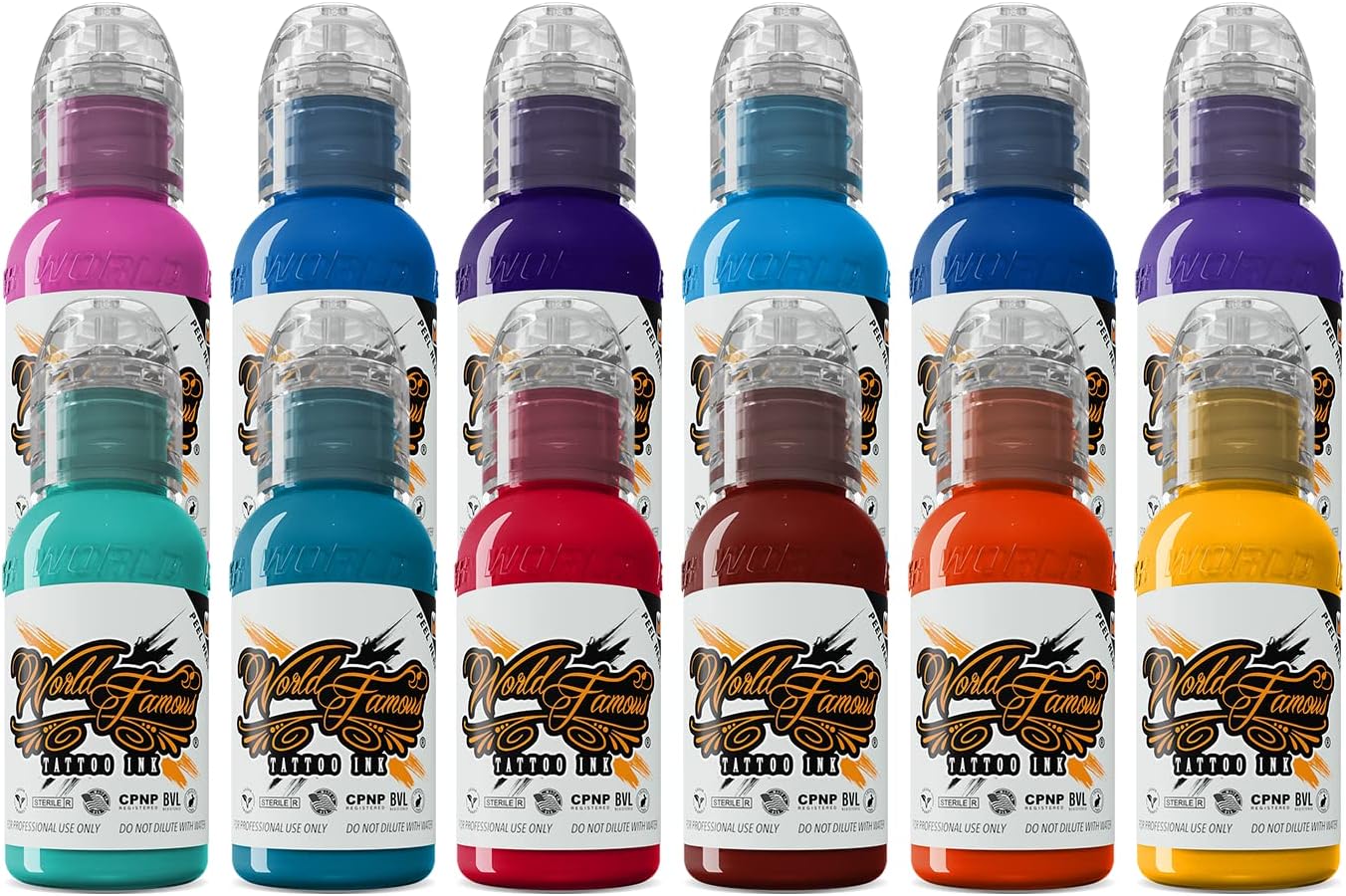 World Famous Tattoo Ink - 12 Primary Color Tattoo Kit #2 - Professional Tattoo Ink in Color Assortment of Tattoo Ink - Skin-Safe Permanent Tattooing - Vegan & Non-Toxic (1 oz Each)