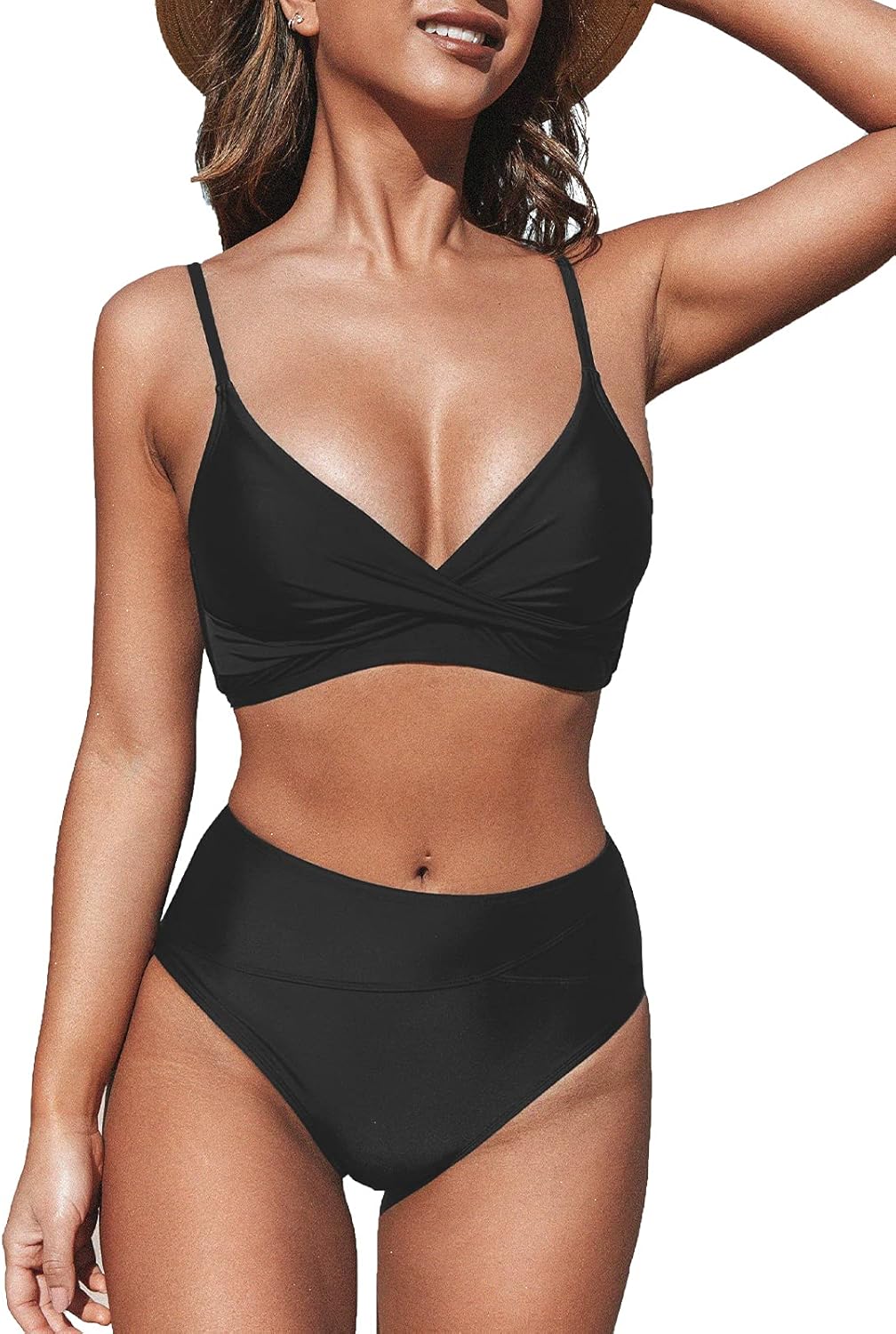 CUPSHE Women's Twist Front High Waisted Bikini Set V Neck Padded Two Pieces Bathing Suits Swimsuits