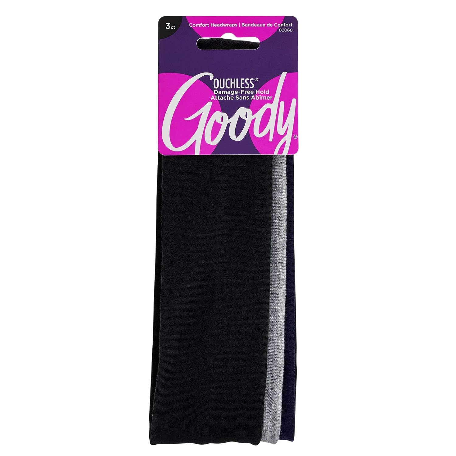 Goody Ouchless Comfort Head Wraps - 3 Ct, Black/Grey/Navy Blue, Soft & Stretchy Fabric Headbands for Women & Men, Secure Hold Yoga, Workout Headband, Versatile Hair Accessories for All-Day Wear