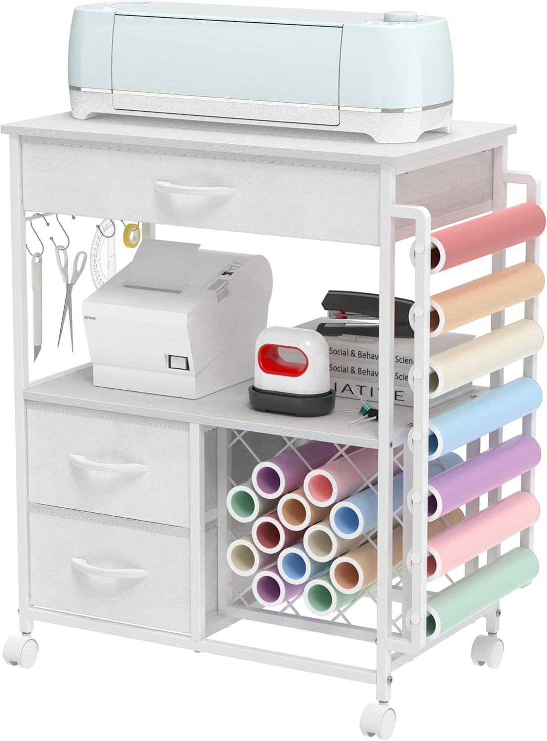 Storage cart Compatible with Cricut Machines Stand Cutting Machine Stand with Drawers and Vinyl Roll Holder Rolling Craft Cabinet Table for Cricut Craft Workstation for cart Craft Room (White)