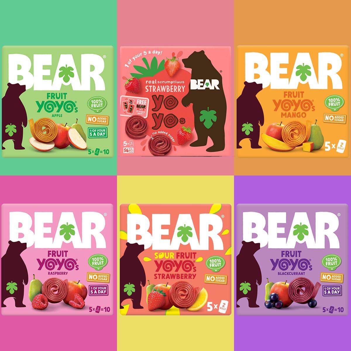 Bear Yoyo Pure Fruit Roll Ups - Yoyo Bear Multipack Pack of 30 - (6x5) 20g. Kids Snacks Finger Rolls. Vegan, Gluten Free, No Added Sugar, 1 of 5 a Day. Inc; Strawberry, Apple, Mango, Blackcurrant.