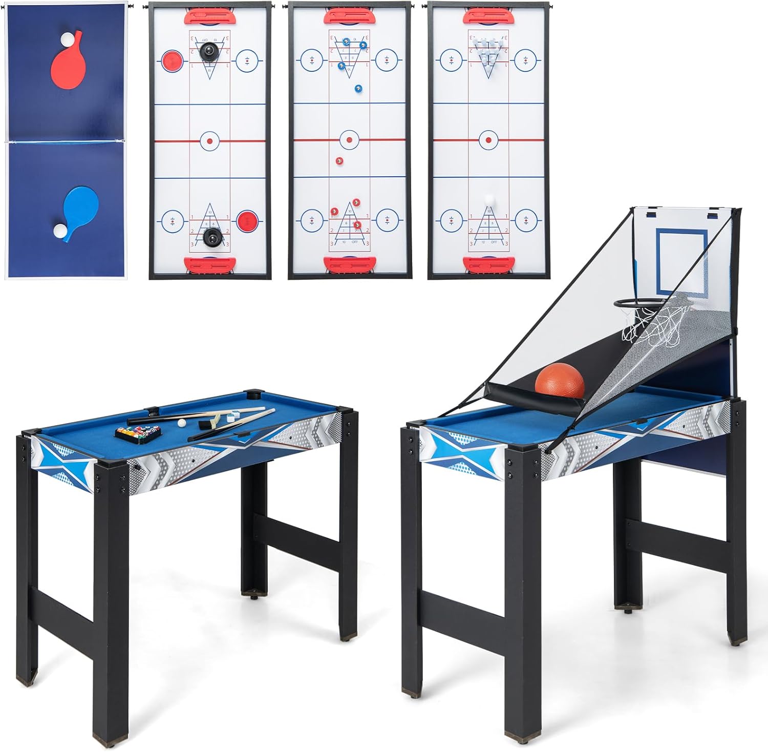 COSTWAY Multi Games Table, 6 in 1 Combo Tables with Air Hockey, Billiards, Table Tennis, Basketball, Bowling, Shuffleboard, Combination Table for Game Room, Arcade, Party