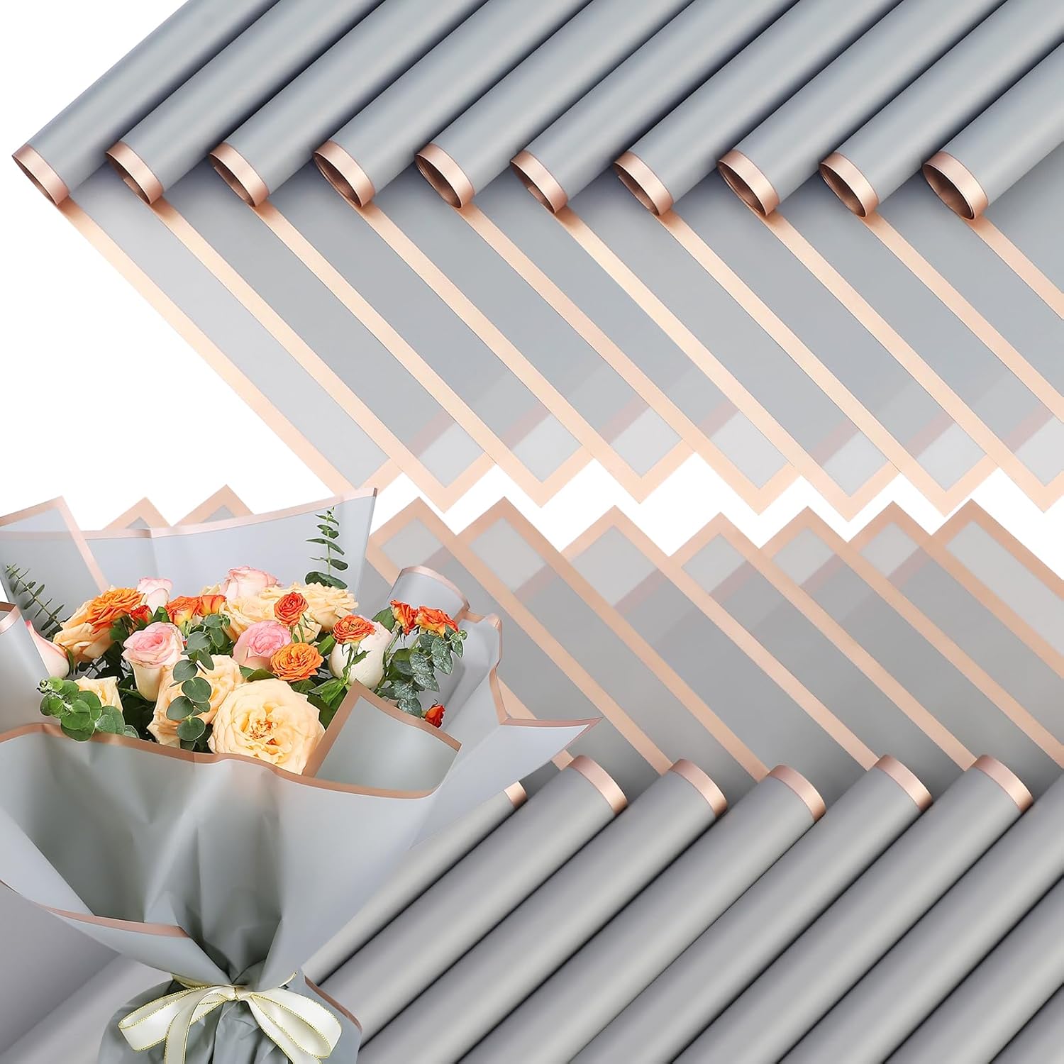 xunhewi 20 Sheets Gold Edge Flower Wrapping Paper Bouquet Packaging Paper Florist Bouquet Supplies for Wedding DIY Craft Gift Packing (Grey Light)