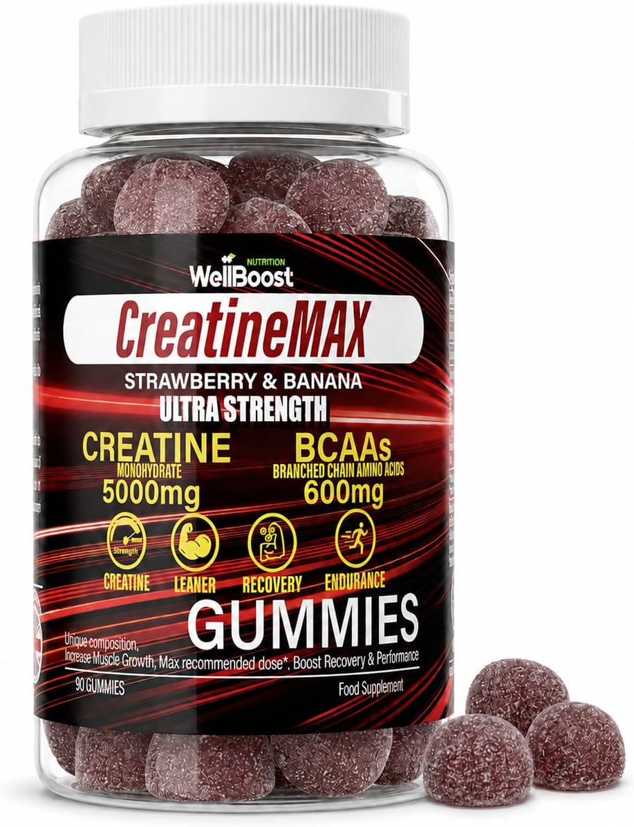 WellBoost Creatine MAX Gummies - 5000mg Creatine Monohydrate & 600mg BCAAs per Serving - Vegan, Sugar-Free Chewable Gummies with Strawberry & Banana Flavour - 90 Gummies (1 Month Supply)