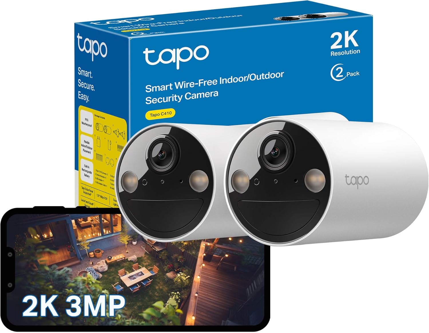 Tapo C410 (2-Pack) 2K Battery Security Camera Outdoor Wireless, Indoor & Outdoor CCTV Camera, Colour Night Vision, No Monthly Fee, AI Detection, IP65 Weatherproof, Works with Alexa & Google