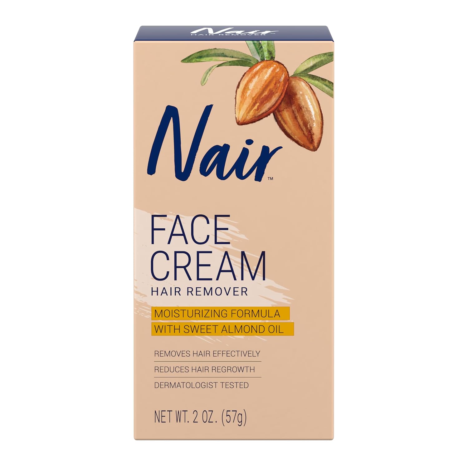 Nair Moisturizing Facial Hair Removal Cream, Sweet Almond Oil, 2 Oz Bottle