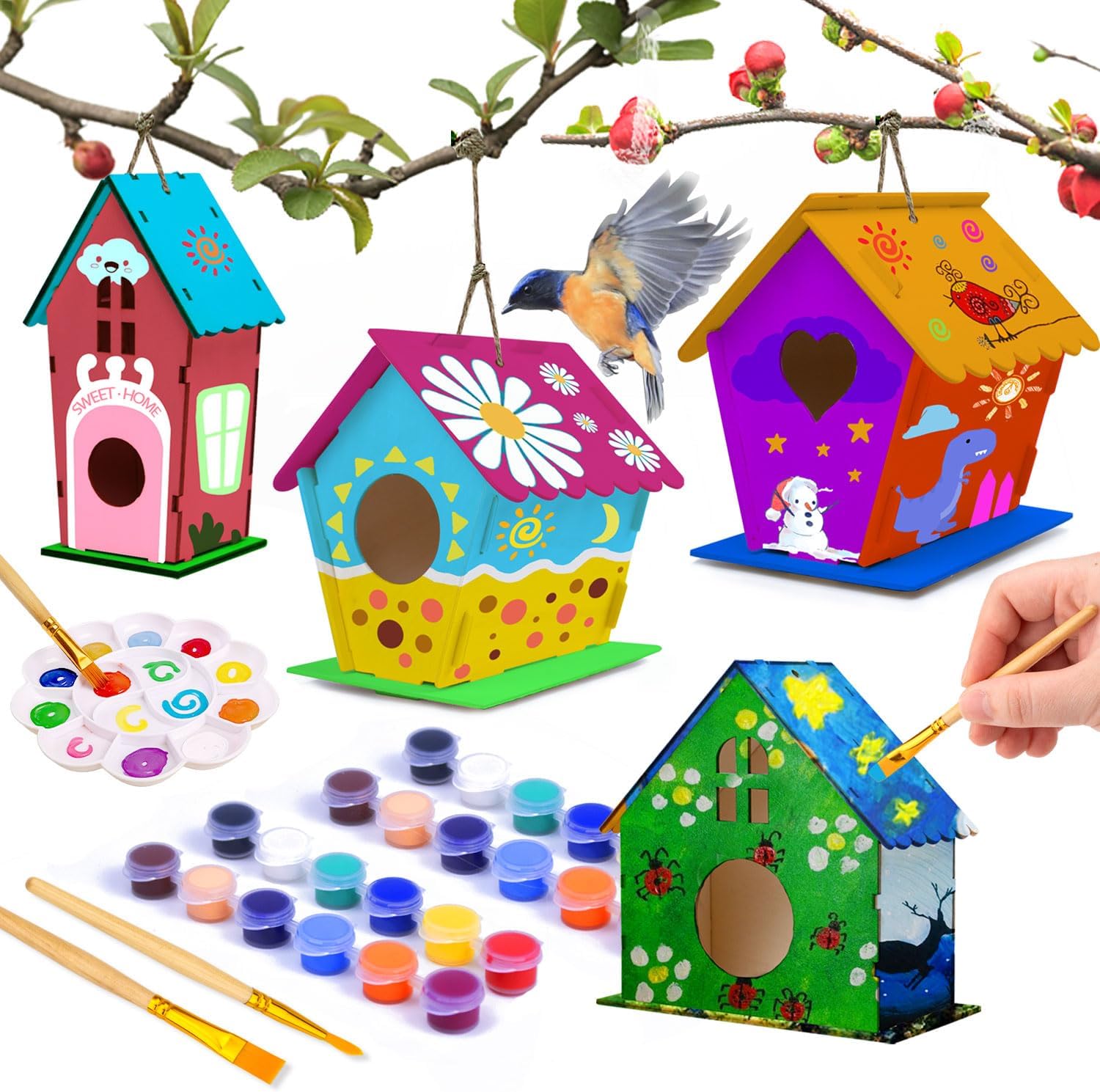 hapray 4 Pack DIY Bird House Kit, Crafts for Children to Build and Paint Birdhouse (Includes Paints & Brushes) Wooden Arts for Kids Girls Boys Toddlers Gifts Halloween Christmas
