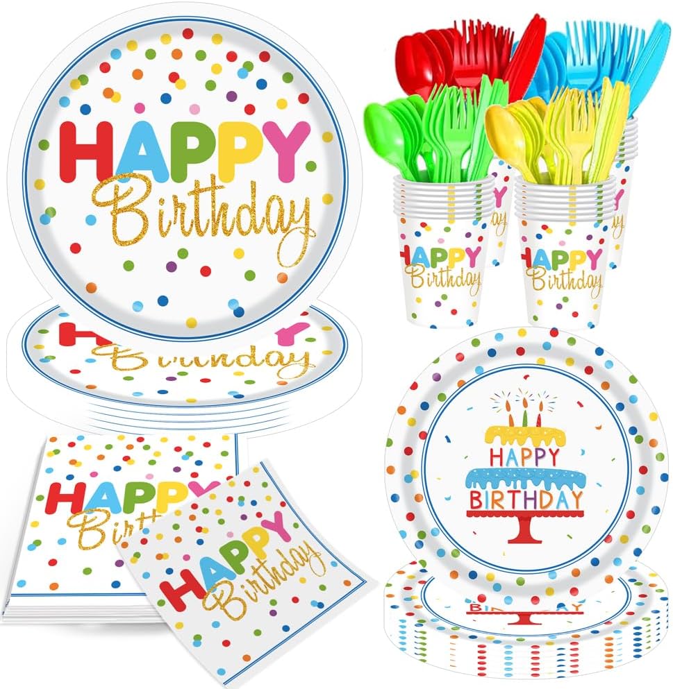 140pcs Happy Birthday Party Supplies Set with Colorful Polka Dots Design- Includes Disposable Paper Birthday Plates and Napkins, Cups, Tablecloth, and Banner,Dots Party Supplies Serves 20 Guests